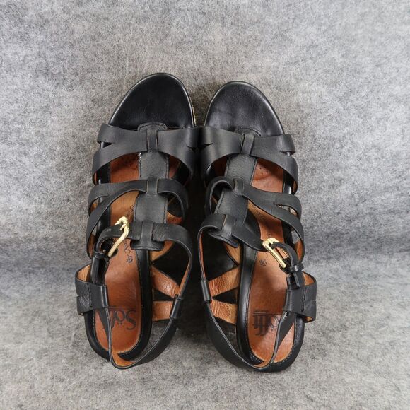 Sofft Shoes Womens 8.5 Sandals Wedge Espadrille Leather Strappy Platform Black - Picture 6 of 14